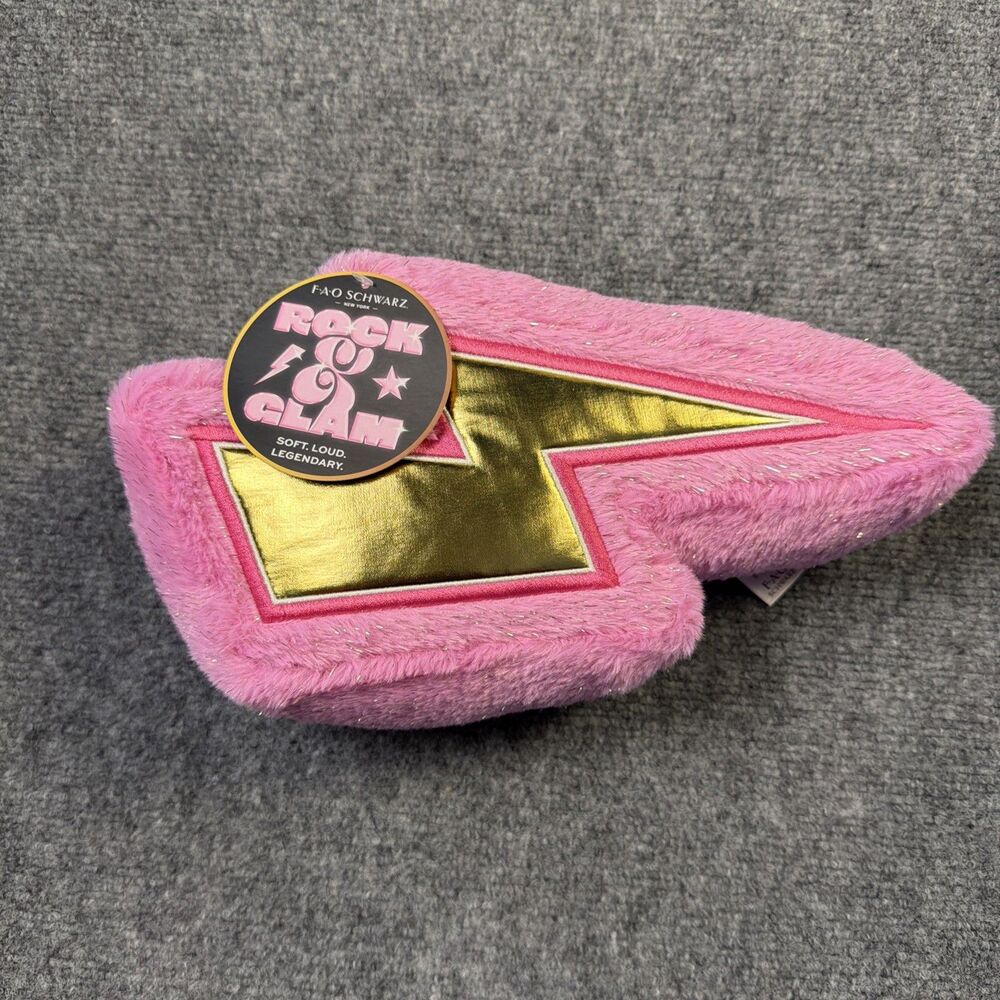 FAO Schwarz Rock Glam Lightning Bolt Plush Pink Gold Fuzzy Pillow Stuffed NWT